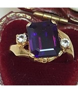 Ladies Vintage  10K Yellow Gold Large Genuine Amethyst  Diamond Ring, 1950s - $20,562.67 MXN