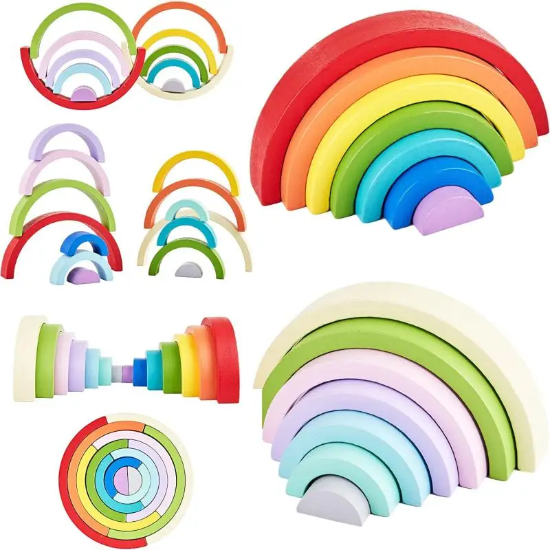 Montessori Wooden Rainbow Stacking Toy Puzzle Blocks for Toddlers 1-3 Year Early - £13.27 GBP
