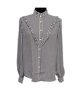 Ann Taylor Houndstooth Print Ruffle Neck Button Up Retro Cowgirl Blouse ... - £19.72 GBP