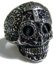Sugar Skull Head W Cross Stainless Steel Ring Size 7 Silver Metal S-528 Biker - £6.01 GBP