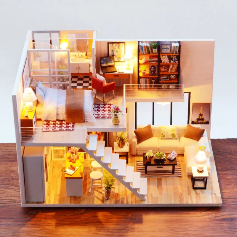 DIY Wooden Doll House with Furniture Miniature Dollhouse Furniture Kit with LED - £35.63 GBP