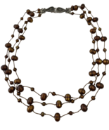 Triple Strand Burgundy Pearl and Silk Cord Necklace with Sterling Silver... - $12.34