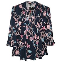 NWT Cocomo Size XL Navy Blue &amp; Pink Multi Tropical Print Pintuck 3/4 Sleeve Top - £27.93 GBP