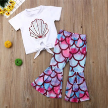 NWT Mermaid Girls Silver Shell Crop Top Fish Scale Flare Leggings Outfit Set - £8.28 GBP