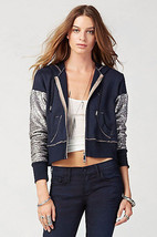 New Womens Designer True Religion Sequin Hoodie Jacket Crop Navy Blue Silver L - £154.97 GBP