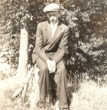 Young Man Sitting On Stump Farm Antique Photograph Vintage Old Photo Snapshot - £7.76 GBP