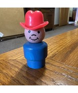 Vintage Fisher Price little people all wood blue farmer boy/cowboy w/red... - $9.90