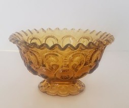 Vintage LE Smith Heritage Moon &amp; Stars Ruffled Edge Amber Glass Footed  Bowl - £31.59 GBP