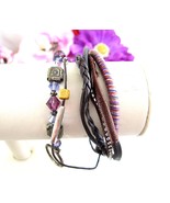 PINK PURPLE Pair Vintage BRACELETS -  6 Strands Leather &amp; 1 Crystal Glas... - $17.81
