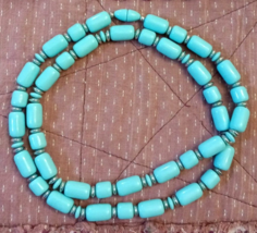 Avon City Sleek Necklace Seaessence Teal Barrel Shaped Beads 30&quot; Strand 1986 VTG - £19.68 GBP