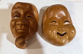Mask Wood Carving Old Man and Woman Wall Hanging Decoration Noh Antique Japan - £120.55 GBP