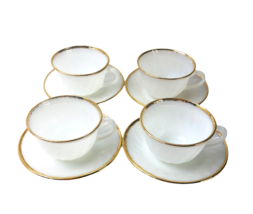 4 Sets Coffee Saucer AH Fire King VTG Fluted Swirl Milk Glass Gold Trim Tea 4&quot; D - £23.14 GBP