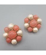 Vtg Marvella Clip On Earrings Faux Pearl Pink Stripe Beaded Flower Cluster - $19.99