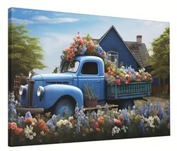 Flowers In A Vintage Truck Canvas Print Framed 12&quot; x 16&quot; NEW! - £10.94 GBP