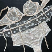 Victoria&#39;s Secret unlined 36DD,36DDD,38DDD BRA SET+garter BEIGE white embroider - £93.21 GBP