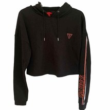 GUESS Y2K Black Cropped Striped Sleeve Pullover Hoodie Medium - £23.53 GBP