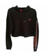 GUESS Y2K Black Cropped Striped Sleeve Pullover Hoodie Medium - £22.48 GBP