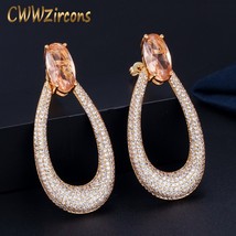 CWWZircons Yellow Gold Color Micro Pave Cubic Zirconia Stone Long Round Drop Ear - £18.30 GBP