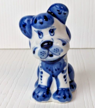 Gzhel Porcelain Dog Figurine handmade made in Russia blue and white ceramic - $9.89