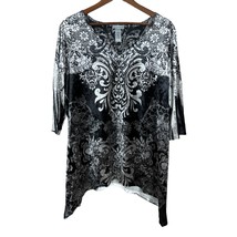 Catherines Tunic Top Womens 0X Gray Velvet Studded Floral 3/4 Sleeve Blouse - £19.64 GBP