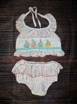 NEW Boutique Girls Embroidered Sailboat Ruffle Bikini Swimsuit 2T 3T 4T ... - $9.74