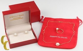 American Pearl 14k Yellow Gold Pendant Stud Earring Set w Box Gift for Her - $42,154.74 MXN