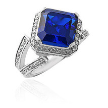5.46CT Women&#39;s Unique 14K White Gold Plated Asscher Cut Blue Sapphire Ring  - £123.27 GBP