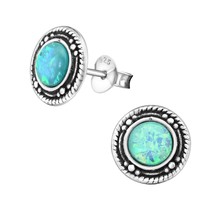 Round Oxidized 925 Silver Stud Earrings and Synthetic Green Opal - £11.70 GBP