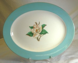 Lifetime Oval Serving Platter Turquoise Rim White Magnolia in Center - $24.74