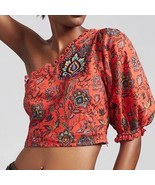 Farm Rio Anthropologie Printed One Shoulder Crop Top Embroidered Red Shi... - $134.32 CAD
