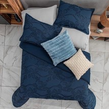 BURGOS NAVY BLUE CHENILLE APPLICATION LUXURY COMFORTER SET 3 PCS QUEEN SIZE - £97.76 GBP