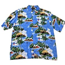 Vtg 80s Puritan 100% Rayon Hawaiian Button Up Blue Sky Beach Theme Sz L  - $33.66