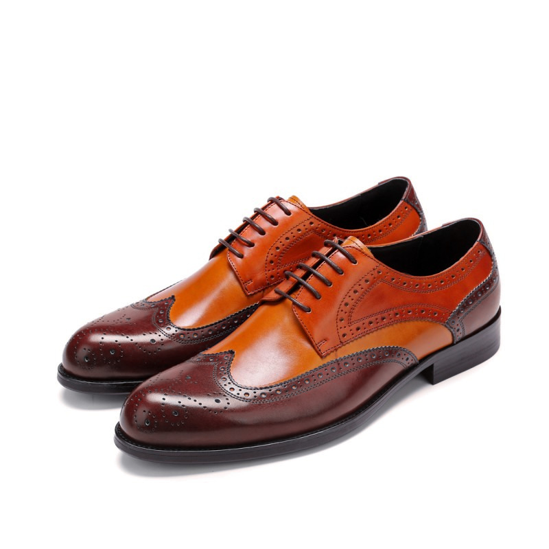 Men Maroon Orange Cont Brogue Toe Wing Tip Oxford Genuine Leather Shoes US 7-16