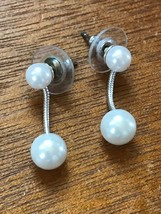 Estate Faux White Pearl Beads Connected by Silvertone Snake Chain Dangle Post Ea - £8.20 GBP