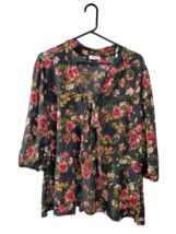 Siren Lily Top Womens Plus Size 2X Sheer Black Floral Mesh V-neck 3/4 Sleeve Bow - £13.45 GBP