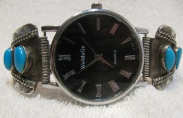 Navajo Sterling Silver Watchband Tips with Turquoise Cabs &amp; working Watch - $50.00