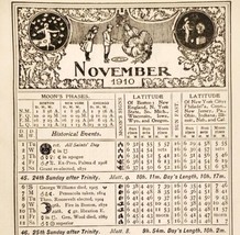 November December 1910 Calendar Page Moon Phases Sun Ephemera ADBN1eee - $29.99