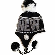 Robin Ruth Black White Sherpa Lined New York Pom Toboggan Hat - £22.16 GBP