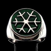 Sterling silver ring Snowflake Winter Sport Games symbol with Green enamel high  - £75.92 GBP