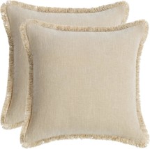 Amhoo Pack Of 2 Linen Pillow Covers With Tassels Fringed Decorative, Inch Beige - £31.36 GBP