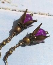 Victorian Bronze Earrings: Purple Crackle Glass, Boho Gothic Flower Earr... - $47.88 CAD