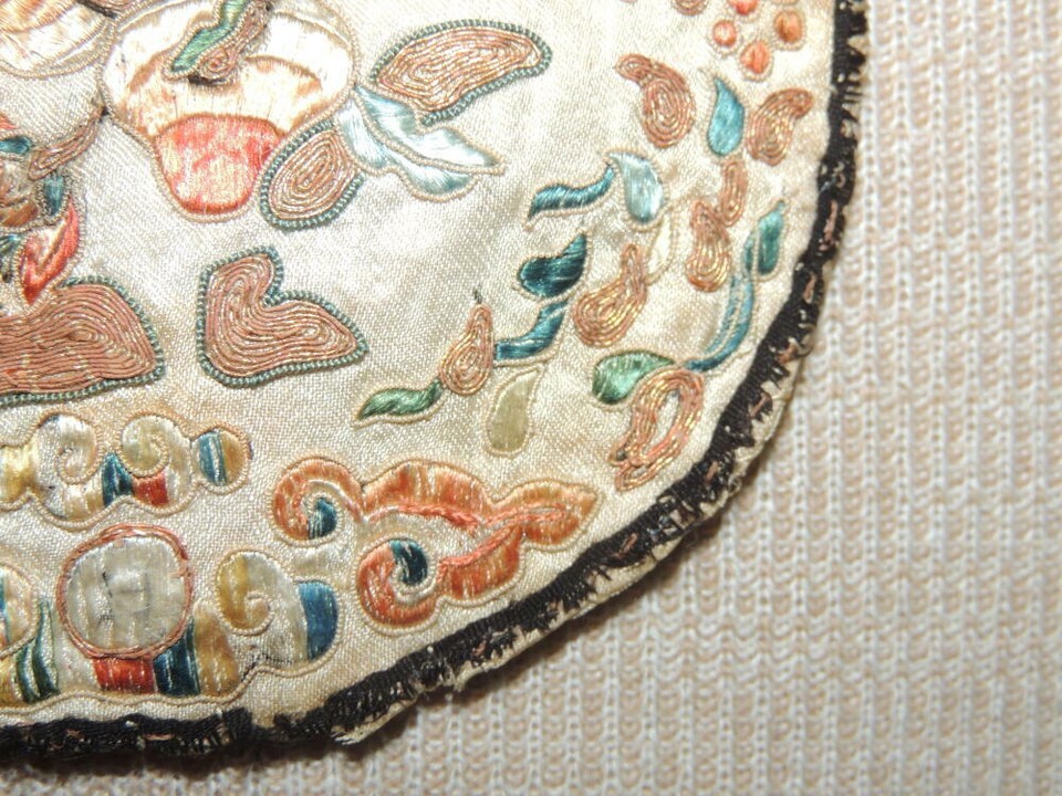 Antique Chinese Silk Embroidery 4.2" Panel Tapestry metallic thread round clouds Item image 5