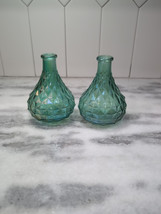 Iridescent Glass Green Bud Vase 5&quot; Quilted Diamond Pattern set of two. - £7.65 GBP