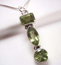 Faceted Peridot Baguette Marquise 3-Gem 925 Sterling Silver Pendant - £36.90 GBP
