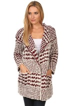 Women White/Burgundy Fuzzy Popcorn Knit Open Front Cardigan with Pockets - $69.99