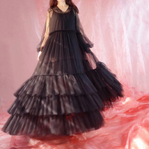 Black Maxi Tutu Dress Women Plus Size Loose Fitting Tiered Tulle Holiday Dress image 7