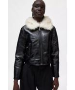 Women&#39;s Black Unreal FauxFur Wet aviator Stylish Zipper Leather Jacket - £161.15 GBP