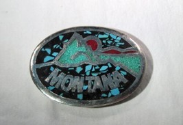 Vintage 1979 Turquoise Chip Inlay Silver Montana Belt Buckle K1129 - £37.94 GBP