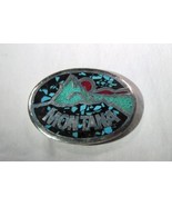 Vintage 1979 Turquoise Chip Inlay Silver Montana Belt Buckle K1129 - £38.72 GBP