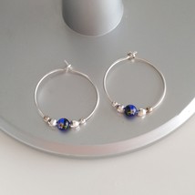 Silver blue murano style hoop earrings for woman,floral bridesmaid earri... - $28.95